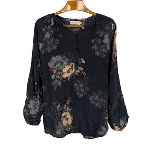 4 Love And Liberty Womens XS 100% Silk Floral Blouse Gray Roll Tab Sleeve